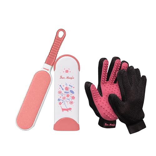 Small Dog Treats Fur Magic Pink Pet Hair Remover Lint Brush With Self-Cleaning Base + Pair of Grooming Gloves, Remove Hair from Furniture Sofa, Reusable Fluff Remover for Clothes