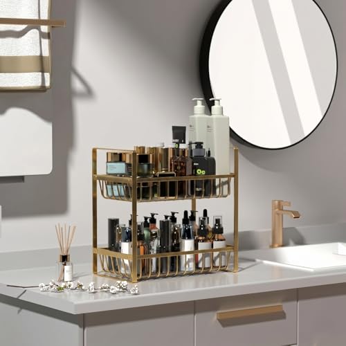 Image of 2 Tier Countertop Fruit and Vegetables Basket | Multipurpose Storage Organize Stand for Kitchen, Dining Table and Bathroom (2 Tier Gold)