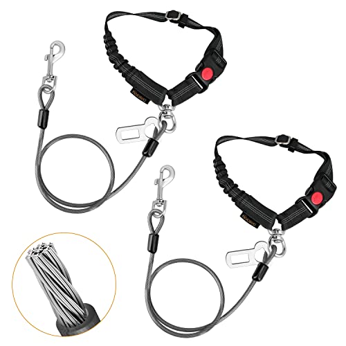 CHZUOBER Chew Proof Dog Car Seat Belt, 2 in 1 Steel Cable Dog Car Accessories Headrest Restraint Doggie Car Seatbelt for Medium Large Dogs Chewer Heavy Duty Dog Seatbelts for Cars Swivel Attach