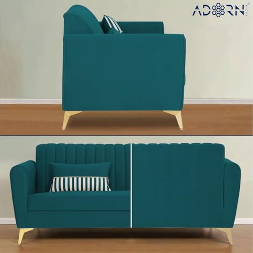 Image of Adorn India Premium Luster 3 Seater | Velvet Suede Fabric | 3-Year Warranty | Color Ocean Blue with Golden Legs & Striped Pattern Cushion