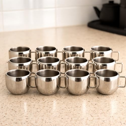 Image of Stainless Steel Tea Cups Set of 12 with Handle | Mirror Finish Chai Cups | 90ml Tea & Coffee Serving Cups | Rust Resistant | Double wall Apple Shaped (Silver)