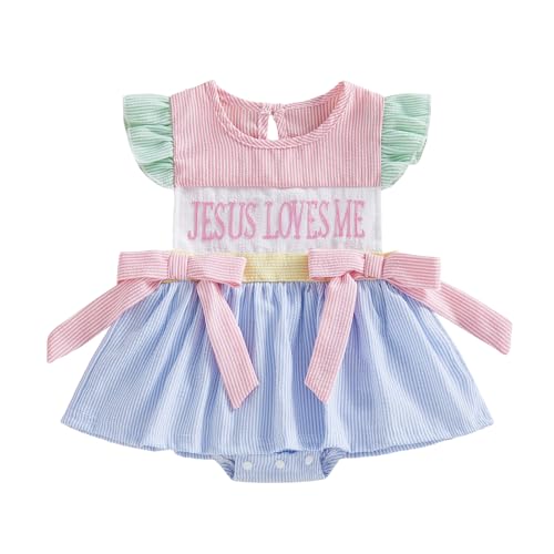 Xnqiwq - Xnqiwq Baby Girl Christian Clothes - Jesus Loves Me Romper Dress, Striped Sleeveless Bodysuit for Easter and Baptism (Blue, 12-18 Months) - Best Deal on Amazon