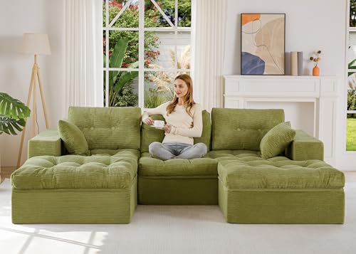 Image of MAXYOYO 104 inch U Shaped Modular Sectional Sofa with 2 Ottomans, Cloud Boneless Couch with Layered Cushion, Flexible Module Combination Sofa for Living Room, No Assembly Required, Green
