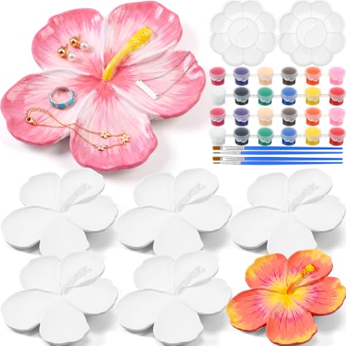 Image of Zubebe 6 Set Ceramics to Paint Hibiscus Flower Jewelry Tray Kit Ready to Paint Ceramics Ring Dish Holder DIY Unpainted Plates Trinket Dish Tray Crafts with Brush Palette for Valentine Wedding
