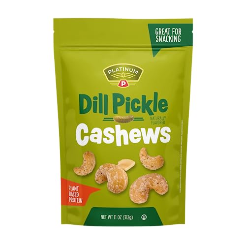 Platinum Dill Pickle Cashews - Plant Based Protein, Fiber, Healthy Snack - Roasted with Tangy Zest of Dill Pickle - Can Bring at Home, Work, Office, Gym & School - 11oz Individual & Resealable Pouch - image 1