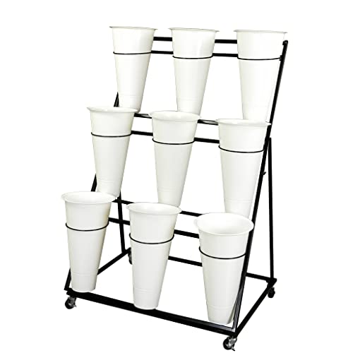 Decorative Flower Display Stand with Buckets for Cut Flowers, Heavy Duty Rolling Plant Stand on Wheels, Indoor Outdoor Flower Cart Ladder Shelf for Florist, Garden, Patio (3 Tier 9 White Bucket)