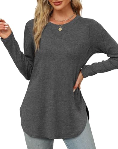 Image of XIEERDUO Womens Long Sleeve Round Neck Shirts Side Split Basic Loose Tunic Tops Casual 2026