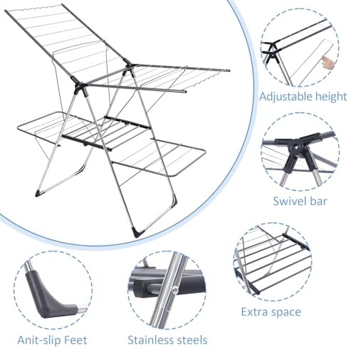 APEXCHASER Clothes Drying Rack, Foldable 2-Level Laundry Racks for Drying Clothes Rack, with Height-Adjustable Wings, Indoor/Outdoor Portable Dryer for Clothing and Towels by APEXCHASER - Image 4