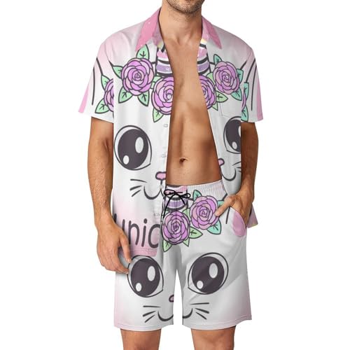 Chemise Hawaïenne Homme Chat Rose Licorne Anti-Transpiration Ensemble Léger de Plage d'Été