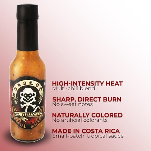 Image of Monoloco Hot Sauce Vegan Gluten-Free with Panamanian Scotch Bonnet, Rocoto, Cayenne Peppers and Ghost peppers, Garlic and Natural Species, Costa Rica Very Hot Spicy Sauce Pisuicas, Pack of 1 (150ml / 5oz)