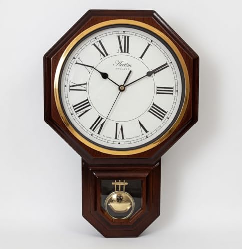Image of Heetim England Octagonal Wall Clock with Pendulum, Wooden Frame, Roman Numerals, Classic Vintage Style, 60968