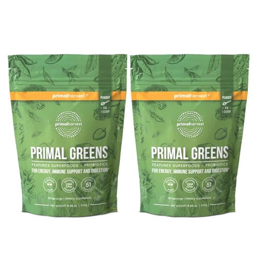 Primal Harvest Primal Greens Powder, 30 Servings Once Daily Supergeens Nutritional Supplement with Spirulina, Mushroom Blend & Probiotics to Support Energy, Wellness, & Digestion