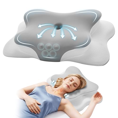 Autsel Almohada Cervicales y Cuello Viscoelástica con Diseño Mariposa – Almohada Ortopédica para Aliviar Dolor, 2 Alturas (11/13cm), Ideal para Dormir de Lado, Boca Arriba y Abajo, Gris Claro-Blanco