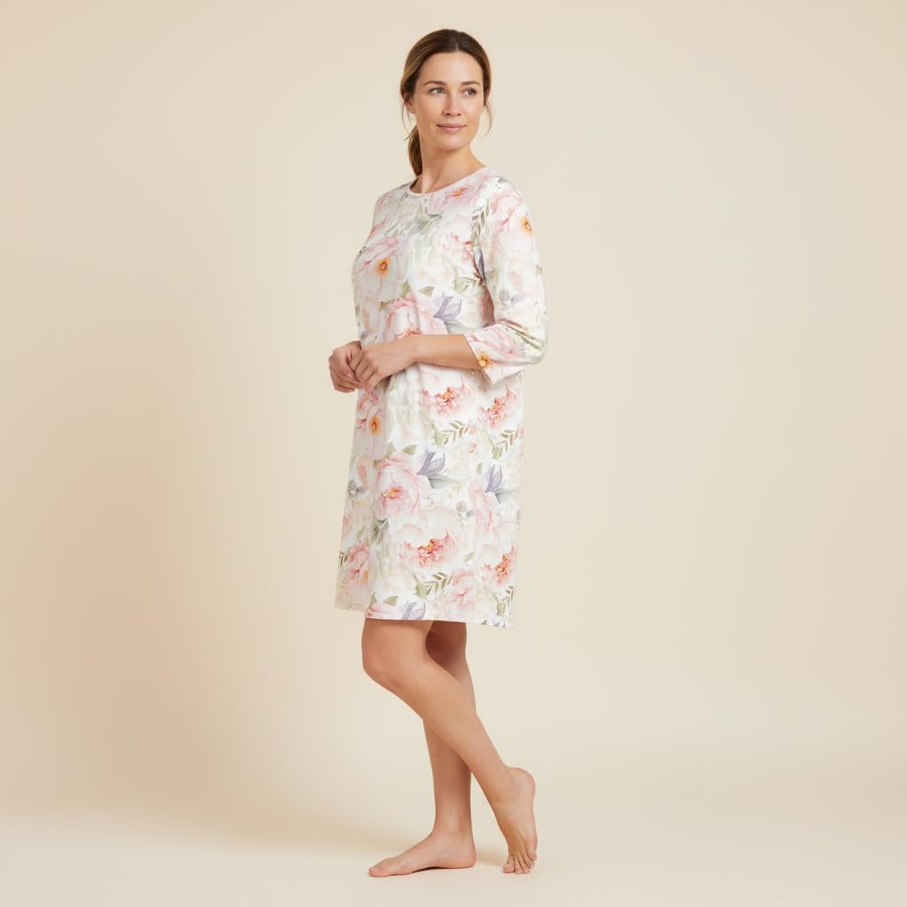 Ringella Damen Nachthemd mit 3/4-Arm, Floraldessin, Knielang