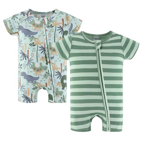 Image of The Peanutshell Baby Boy Rompers 2 Pack - 100% Cotton Clothes, Rompers for Newborn, Infant, and Baby Boy - Green Dino