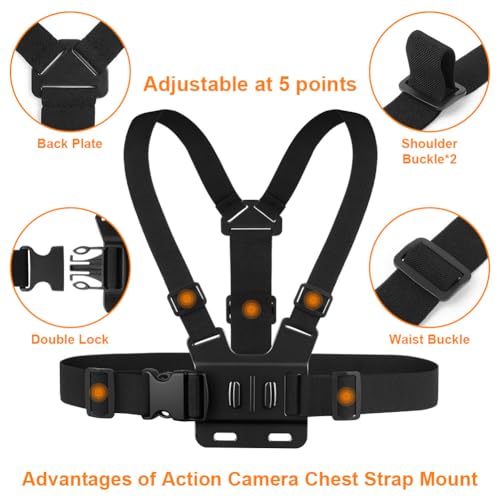 Adiwo Set de Accesorios Action Cámara, Arnés de Pecho Ajustable,Correa de Cabeza, para GoPro y Cámaras de Acción, Ligero y Cómodo, Rendimiento Elástica Correa Ajustable, Cámara de Acción Accesorios - imagen 6