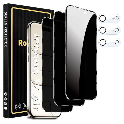 Romkasi 3 Pack Privacy Screen Protector for iPhone 17 Air 6.5 Inch with 3 Pack Camera Lens Protector, Anti Spy Tempered Glass Film, Anti-Scratch, Touch Sensitive, Case Friendly