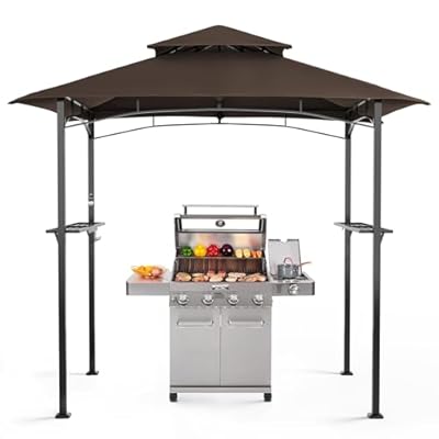 Patiomore Grill Gazebo Canopy, 8'x 5'Outdoor Double Tiered BBQ Gazebo Canopy Tent w/Air Vent, Tent Hardtop Sun Shade Shelter for Outdoor Patio, Backyard, Deck (Brown)