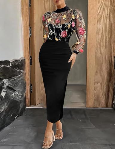 Women's Embroidered Floral Mesh Splicing Long Sleeve Round Neck Skinny Halter Dresses3