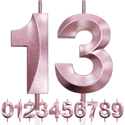 13th Birthday Candle, 3D Design Rose Gold Glitter Number Candles, Cake Topper Decorations, Cake Candle for Birthday Party, Wedding Anniversary, Baby Shower, Party Decoration (Pink Gold)