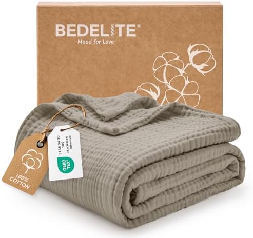 BEDELITE 100% Cotton Muslin Blanket for Adults, Breathable, Taupe, 50"x70"
