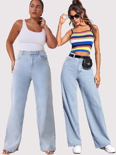 Image of KOTTY Women's High Waist Wide Leg Button Coin Pocket Straight Fit Jeans Stylish Regular to Plus Size Fit Denim Jeans for Women