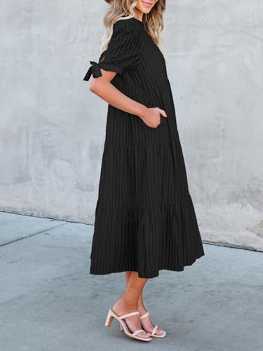 Image of Theenkoln Womens Casual Midi Dress: Short Sleeve V-Neck Empire Waist Gingham Spring Fashion Long Trendy Tiered Formal Dresses