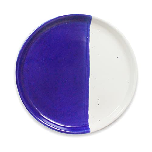 Roro Handmade Ceramic Stoneware Divided Dinner Plate - Two Tone Speckled Ocean Blue & White Spot Design (Set Of 2) #TOP3