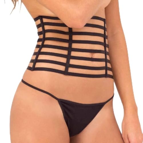 Serre-taille ajouré en bandes Rene Rofe et string sculptant M/L
