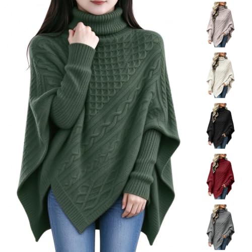 Ymbekr Women's Turtle Neck Cable Knit Poncho Sweater (Blackish Green)