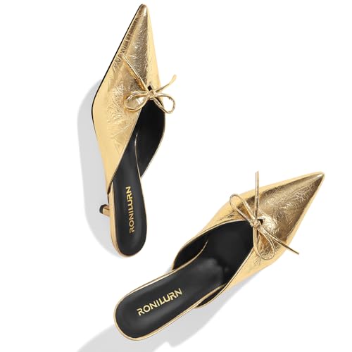 Image of Kitten Heels for Women Heeled Mules Stiletto Pumps Bow Closed Toe Pointed Toe Low Heel Slip on Fashion Metallic Backless Prom Party Dressy