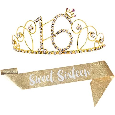 16th Birthday Kit Gold Tiara and Sash Glitter Satin Sash and Crystal Rhinestone Tiara Crown for Happy 16th Birthday Party Supplies Favors Decorations 16th Birthday Party Accessories Cover