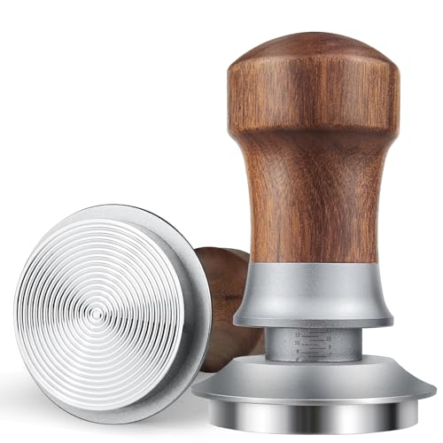 54mm Tamper, Spring Loaded Coffee Tamper, Self Leveling Espresso Tamper for Sage Coffee Machine Accessories, Adjustable Depth, Walnut Wood Handle, Stainless Steel Threaded Base, Silver
