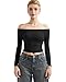SUUKSESS Women Off The Shoulder Double Lined Long Sleeve Shirts Fitted Y2k Basic Going Out Tops (Jet Black, M)