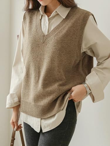 Image of Wowcarbazole Womens V Neck Sweater Vest Casual Ribbed Knitted Sleeveless Trendy Pullover Tank Tops Fall
