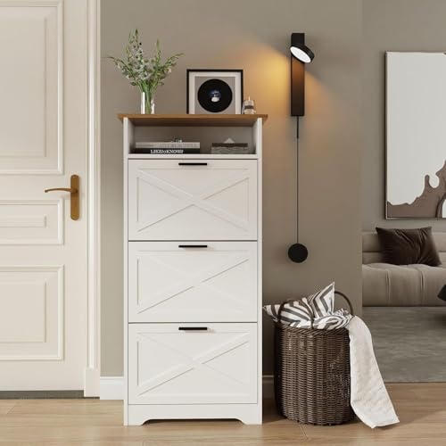 Sumshadow Farmhouse Schuhschrank mit 3 Klappschubladen Schlankes Schuhregal für den Eingangsbereich Schuhregal-Organizer für Flur und Diele Weiß