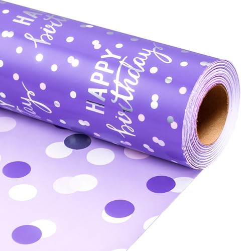 Wikadlik Birthday Wrapping Paper Luxury Purple Happy Birthday Lettering Cute Dots Gift Wrap Paper Roll for Party Celebration - 43cm x 10m