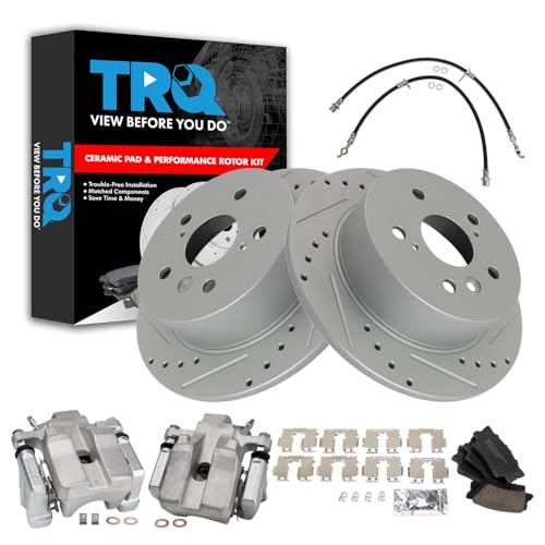 Image of TRQ Performance Rear Brake Pad and Rotor Set Ceramic Slotted Drilled Calipers Compatible with 2007-2012 Lexus ES350 To 9 /30 /11 Production Date 2008-2012 Toyota Avalon 2007-2011 Camry