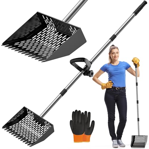 Chicken Poop Scooper & Rake 2-in-1, Adjustable Chicken Coop Pooper Shovel (35 to 62'), Sifting Litter Shovel Scoop for Chicken Coop/Goat Stall/Stable Cleaning Tool