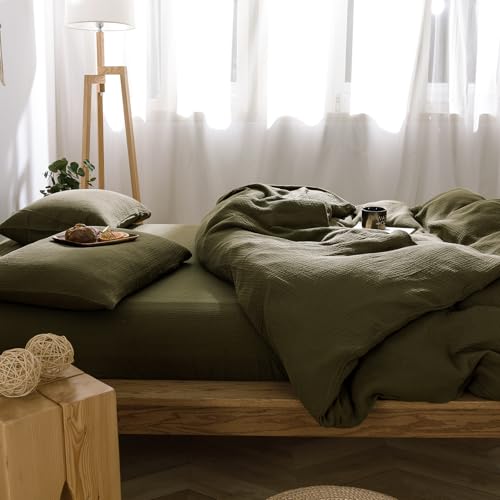 Image of VM VOUGEMARKET 100% Cotton Muslin Duvet Cover King Size 3-Layer Guaze Textured Bedding Set,Ultra Soft Breathable Textured Linen Like Comforter Cover with Zipper&Ties-Olive Green