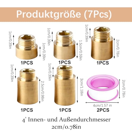 5 Stück Hahnverlängerung 1/2 Zoll, mit 2 Rollen Klebstoff, Verlängerung 1/2 Zoll, Länge Verlängern 10mm/15mm/20mm/25mm/30mm Wasserhahnverlängerung aus Messing, verlängerung Fitting