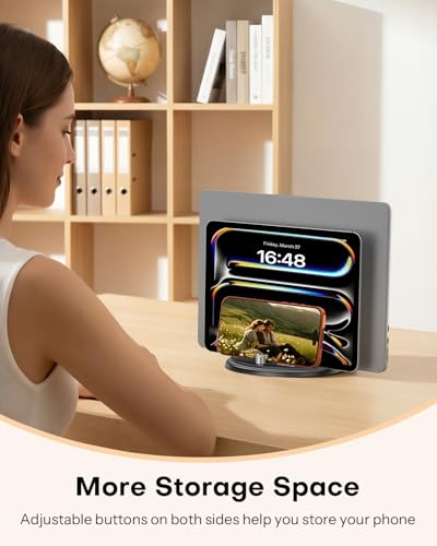 OMOTON VL04 pionowy stojak na laptopa obracany o 360°, aluminiowy organizer na biurko z dwoma gniazdami, na MacBooka i iPada, regulacja pokrętła bocznego (bez zgubionych śrub), pomieści laptopa