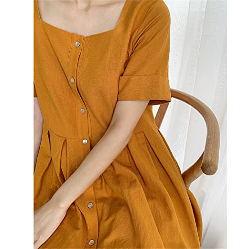 Robe d'été anti-transpiration en coton et lin jaune col carré M