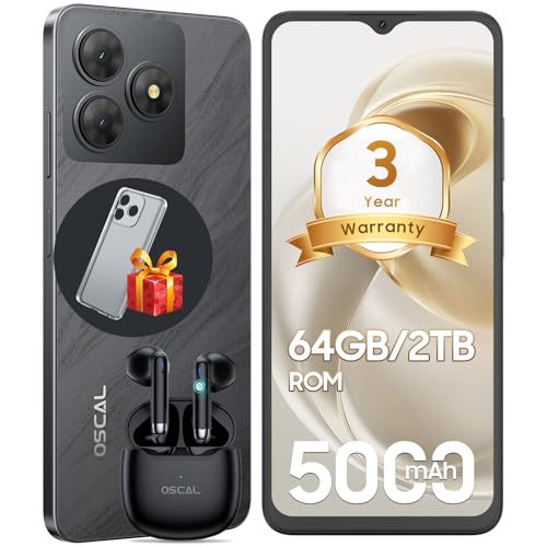OSCAL Mobile Phones, Flat 2C Android Phone (2025 Second Generation), 6GB +64GB/2TB Octa Core Cheap Android Phone, 6.56Inch, 5000mAh Dual SIM Unlocked, 13MP Main Camera, 4G, FaceID/GPS, Black