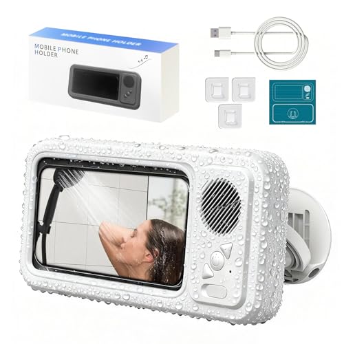 Enfriliv Waterproof Phone Holder with Speaker, Shower Phone Holder Waterproof, Shower Phones Holder with Wireless Bluetooth Speaker with 360° Rotation Ipx4 Aqua with Shower Play(White)