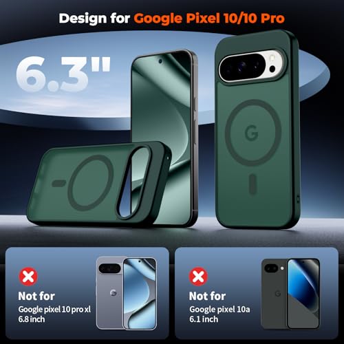 Image of SUPFINE Magnetic for Google Pixel 10 Pro Case /Pixel 10 Case with Screen Protector, (Built-in Magnets) ((Military Grade Drop Protection) Slim Translucent Shockproof Phone Case,Forest Green