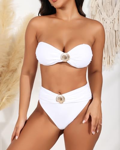 SherryDC Women's Sexy Bikini Sets High Cut Two Pieces Swimsuit Shell Ruched Bandeau Bathing Suit2