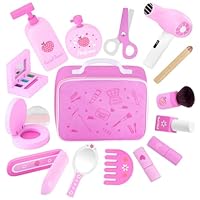 GAGAKU Wooden Makeup Set Kids Pretend Makeup Sets Wooden Toy Kit Montessori Fake Makeup Play Dress Up Kit with Hair Dryer Mirror for Toddler Children Little Girls Perfume Gifts Ages 3 +