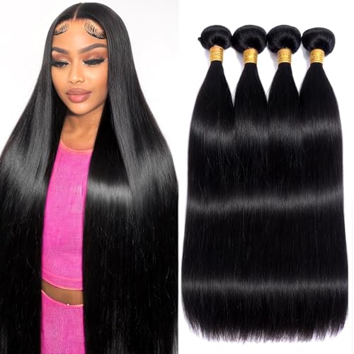 Human Hair Bundles Straight 4 Bundles Human Hair 14 16 18 20 Inch 100% Unprocessed Brazilian Virgin Bundles Quick Weave Bundles Hair Extensions for Women Natural Color