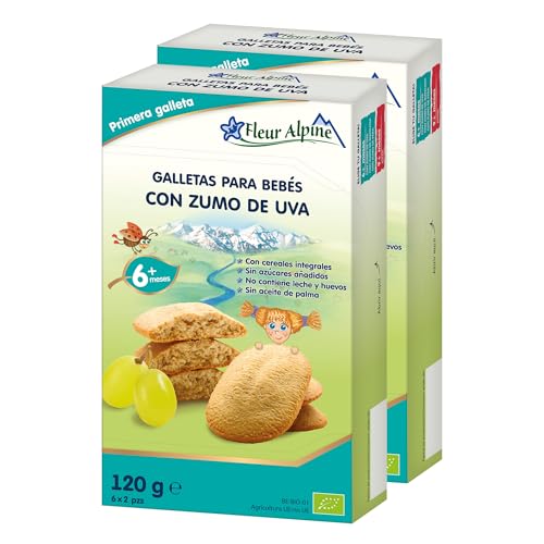 FLEUR ALPINE Galletas para Bebés con Jugo de Uva - 12x2 Bocadillos Orgánicos para Papilla Suave para el Desayuno o un Refrigerio Diurno | Galletas Integrales Fáciles Sin Azúcar Añadida | 6 meses